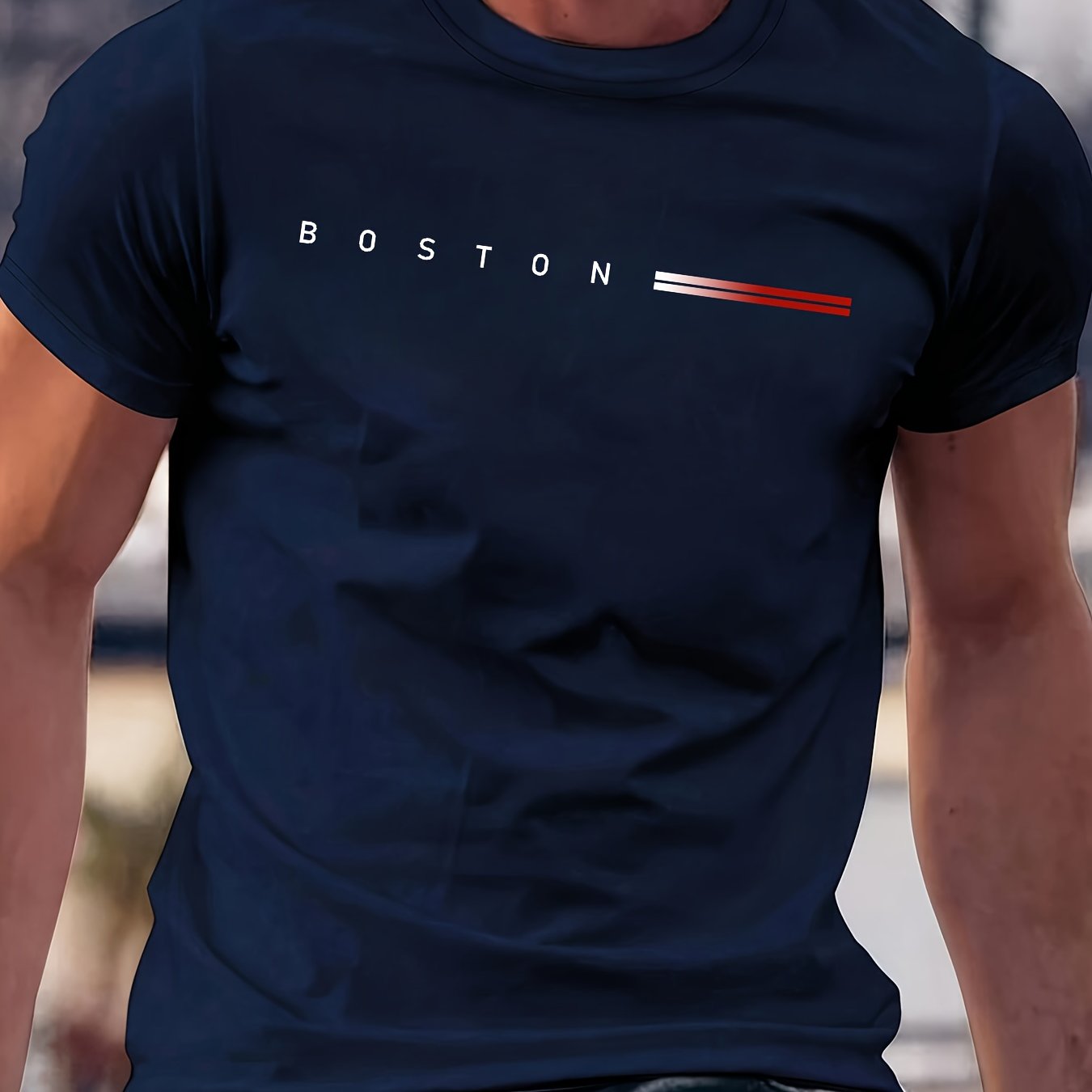 Men's Navy Blue Cotton Graphic T-Shirt with Red and White Stripes Casual Crew Neck Plus Size