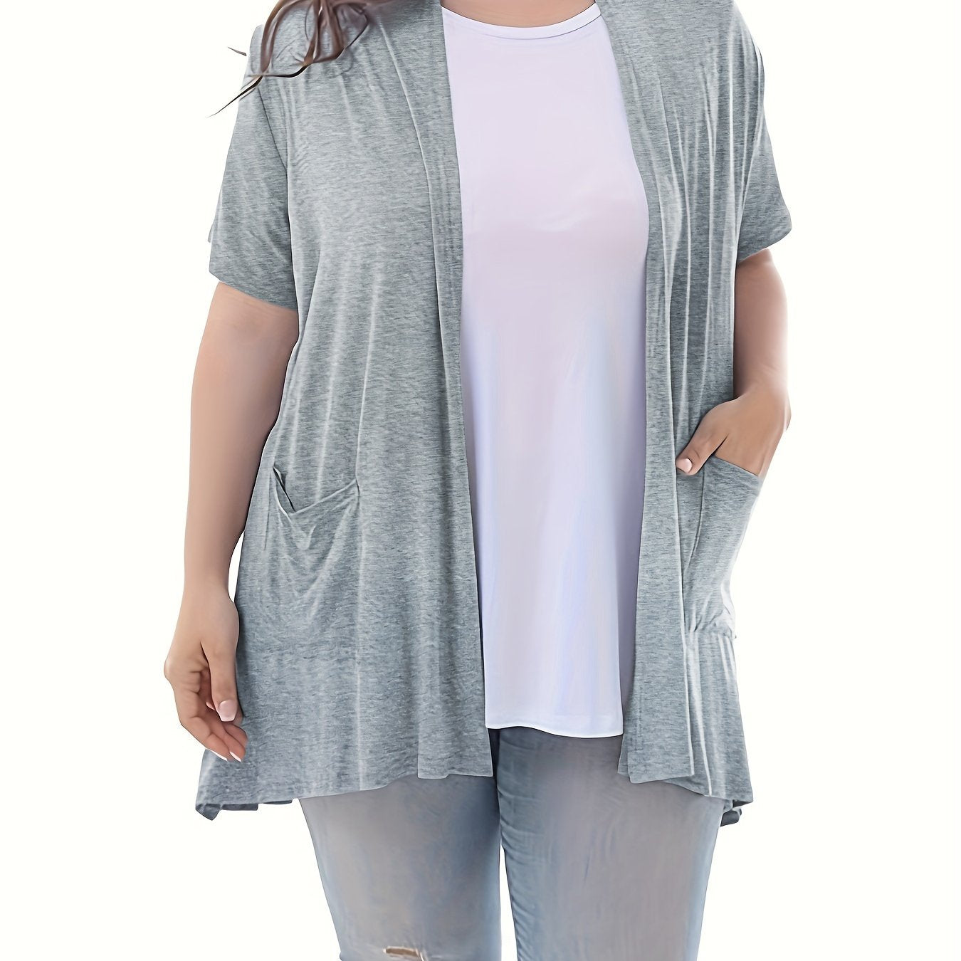 Women's Plus Size Short Sleeve Knit Cardigan with Pockets