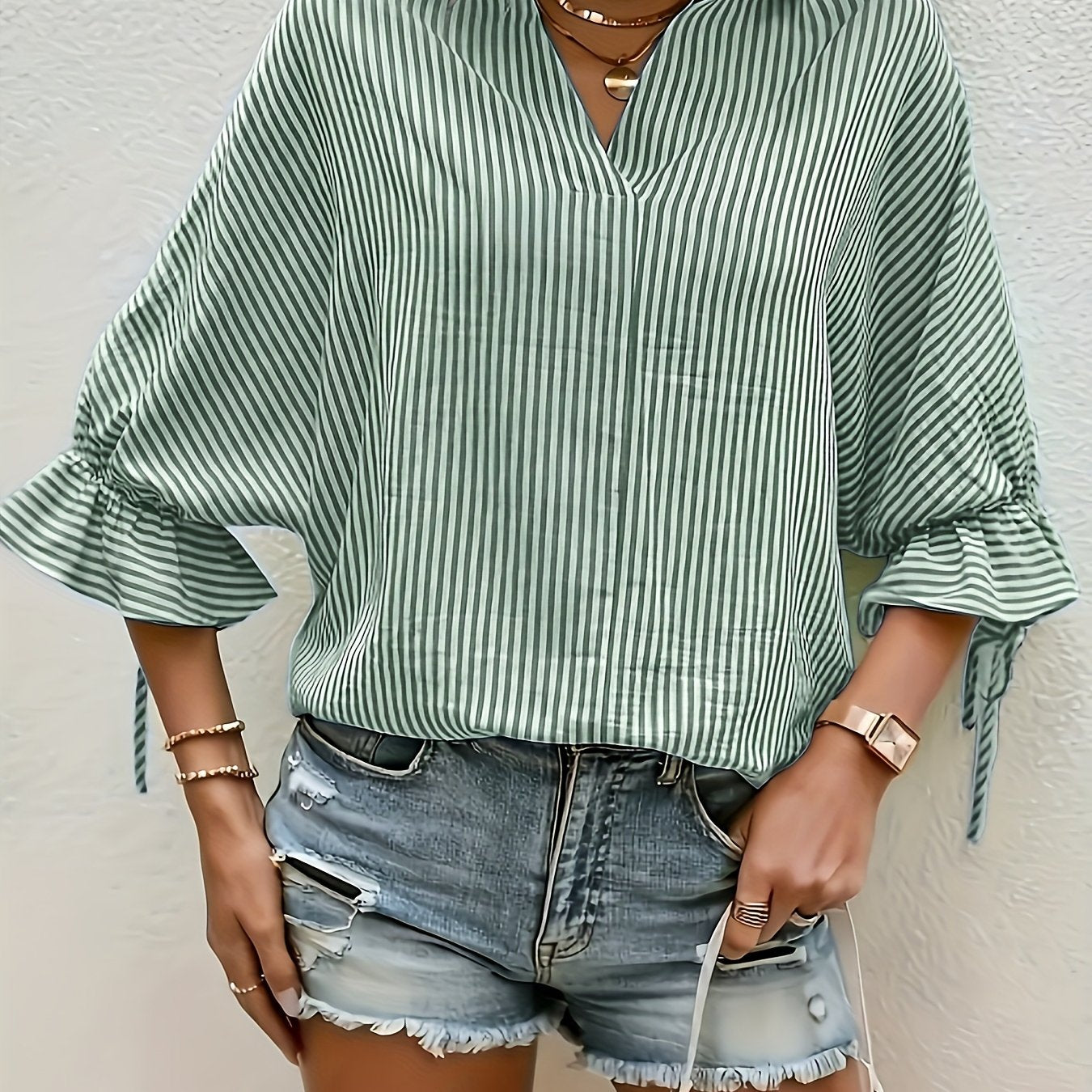 Plus Size Women's Striped Flared Sleeve Tie Back Shirt Vacation Wear