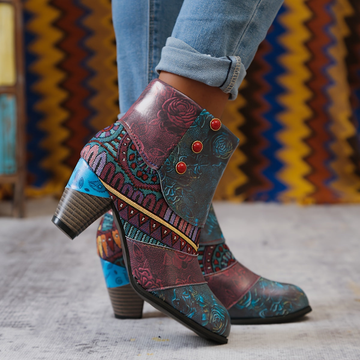 Women's Floral Ankle Boots Faux Cover Side-Zip Chunky Heel