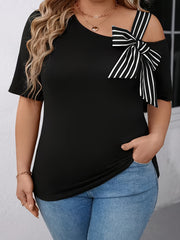 Plus Size Women's Black Asymmetrical One-Shoulder T-Shirt with Bow