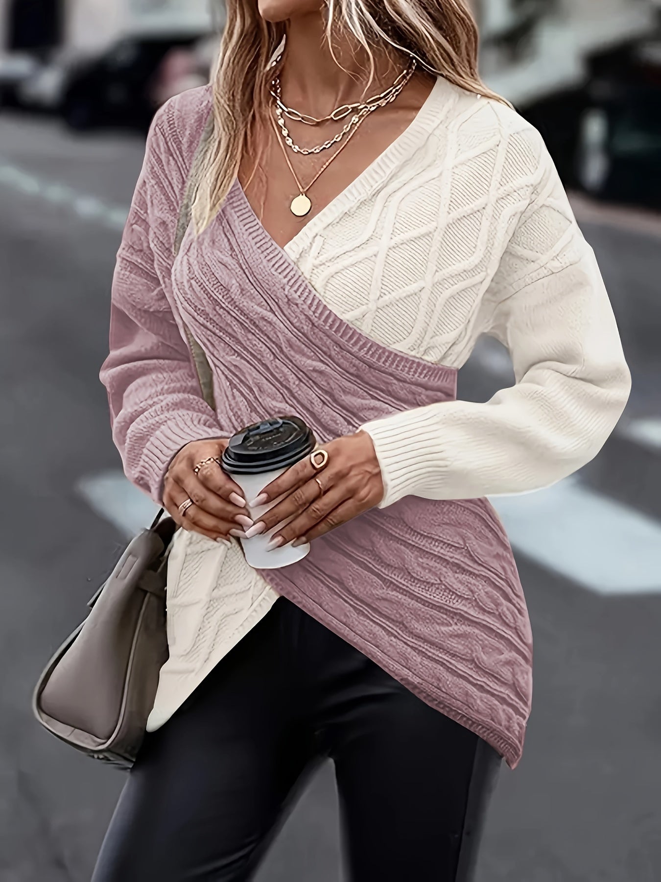 Women's Plus Size Colorblock V-Neck Sweater Long Sleeve Fall Winter