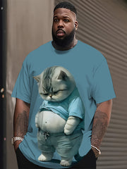 Men's Plus Size Blue Cat Print T-Shirt Polyester Spandex Casual Short Sleeve