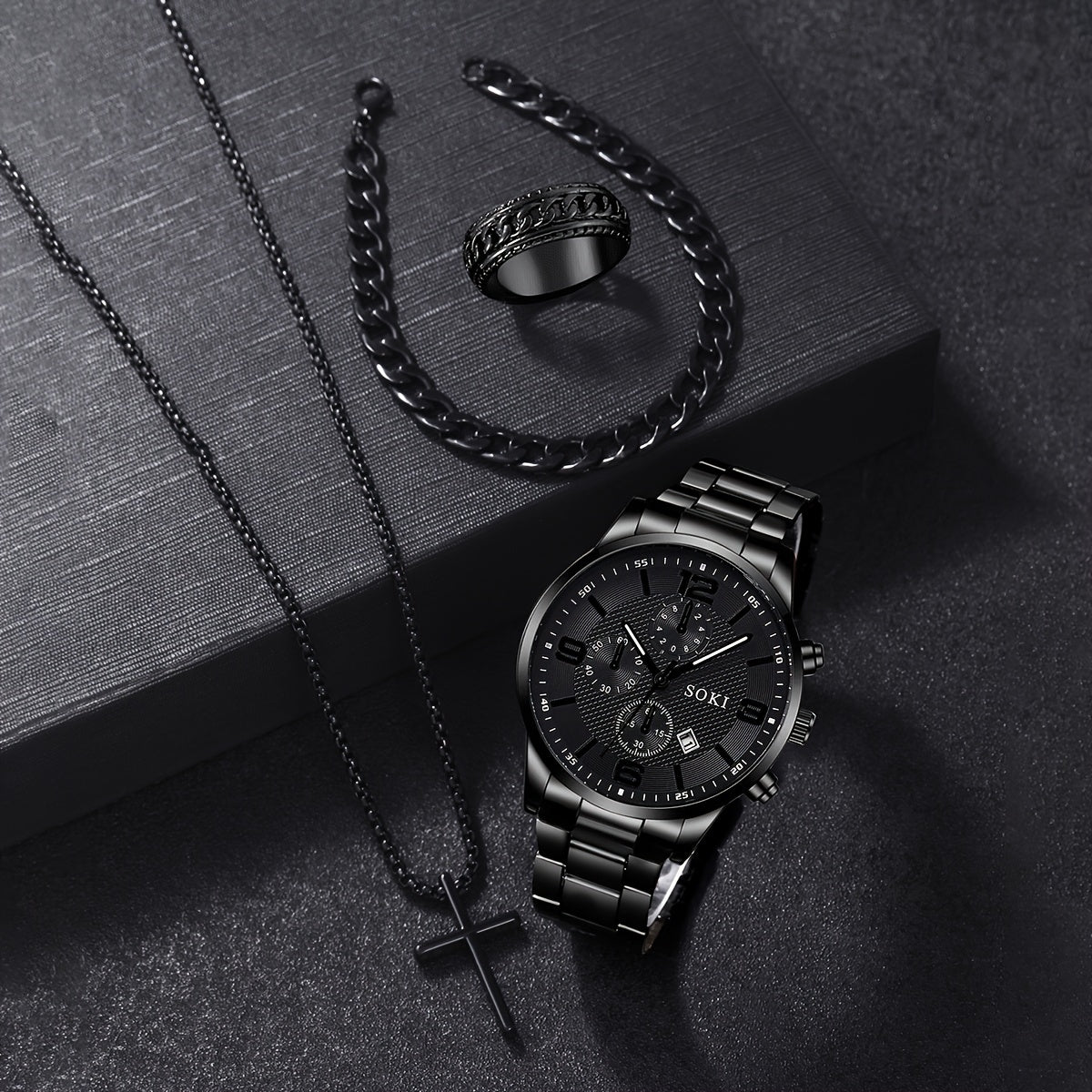 Men's Quartz Watch Set with 4 Pieces Alloy Case Stainless Steel Strap Calendar Non-Waterproof Electronic Movement