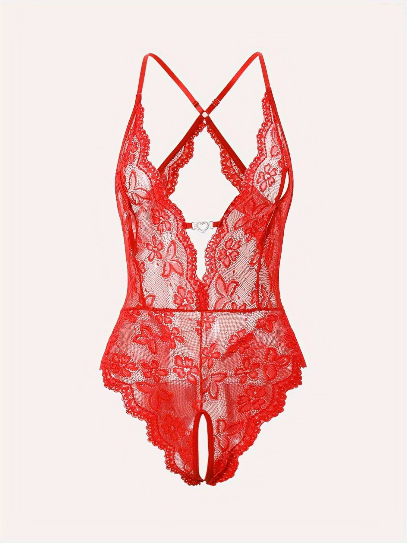 Women's Red Lace Bodysuit with Deep V-Neck and Floral Print Nylon Lingerie