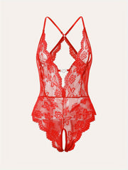 Women's Red Lace Bodysuit with Deep V-Neck and Floral Print Nylon Lingerie