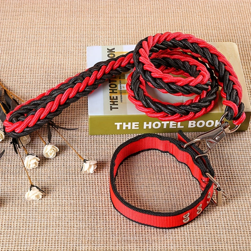 Heavy Duty Dog Collar and Leash Set with Braided Training Rope for Large Dogs