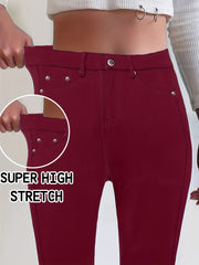 Women's High-Waist Skinny Jeans Maroon Slim Fit Casual Denim