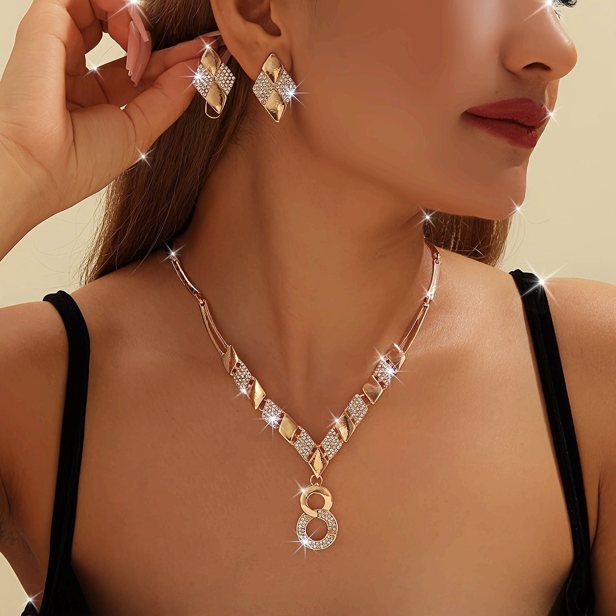 Gold-Plated Jewelry Set with Rhinestones for Weddings and Gifts