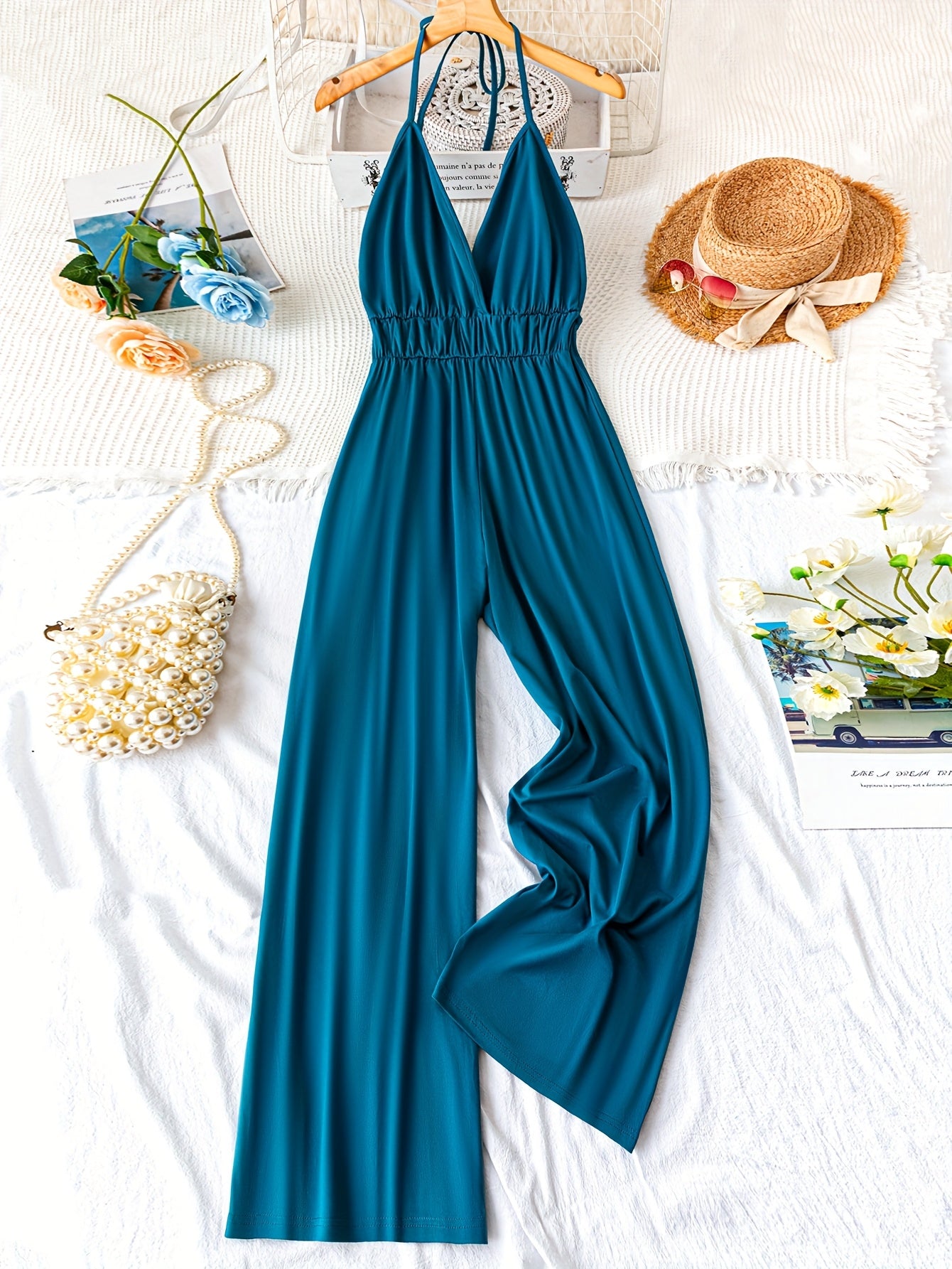 Women's Sleeveless V-Neck Jumpsuit Black Backless Flowy Legs Vacation Wear