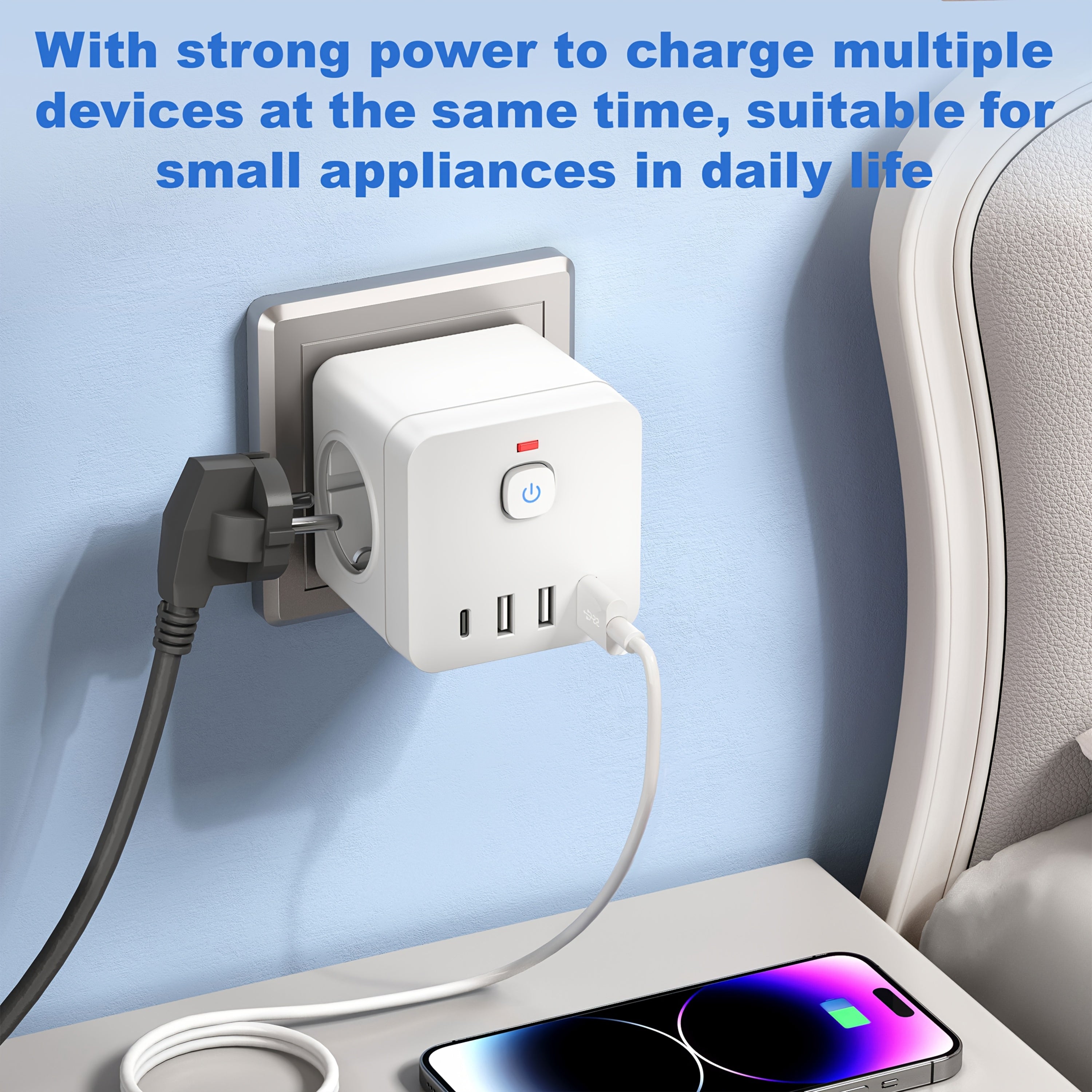 Regleta de 8 en 1 con protección contra sobrecargas, USB Tipo-C, enchufe europeo para hogar, oficina y cocina