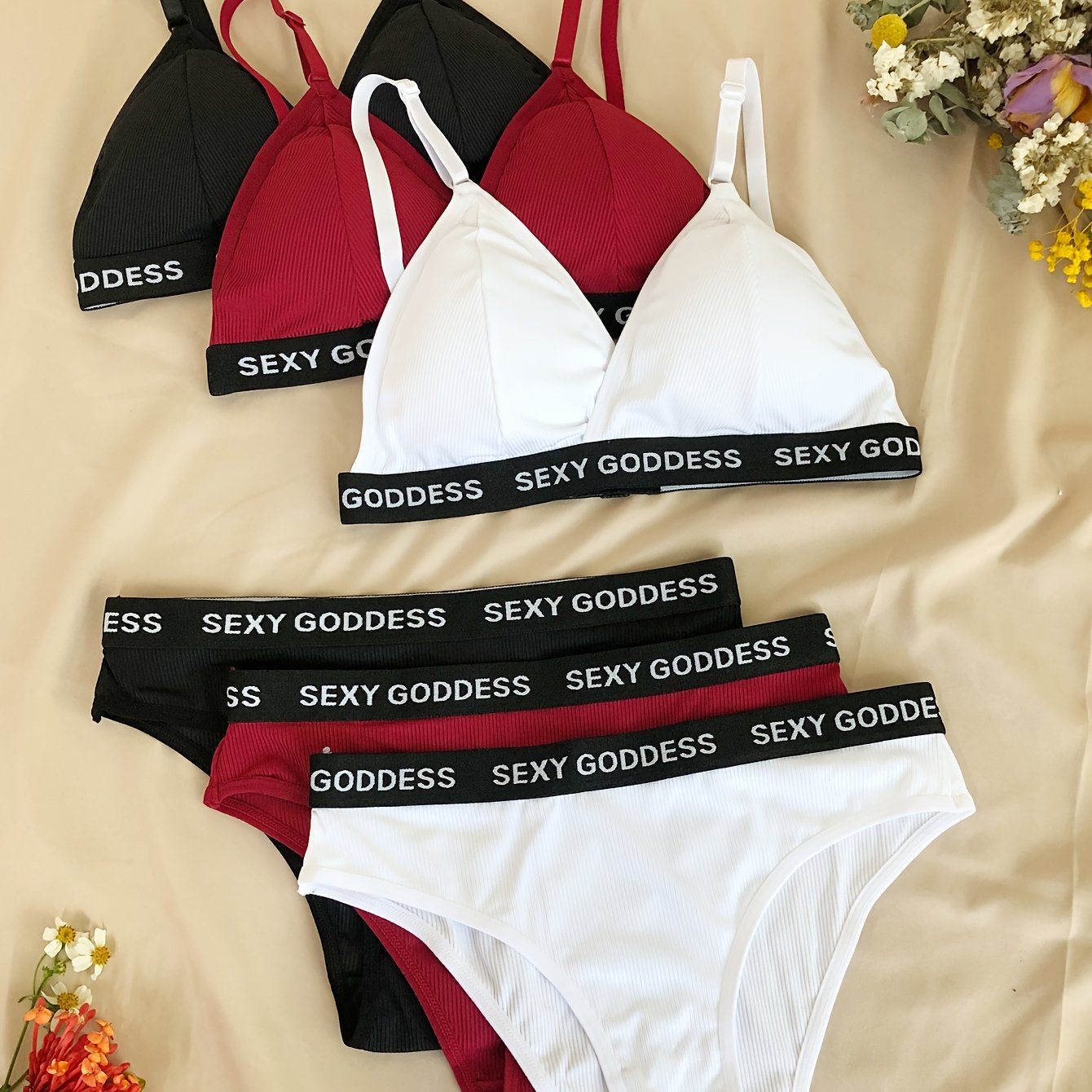 Women's Lingerie Set with Letter Print Wireless Bra and Elastic Panties Three-Piece