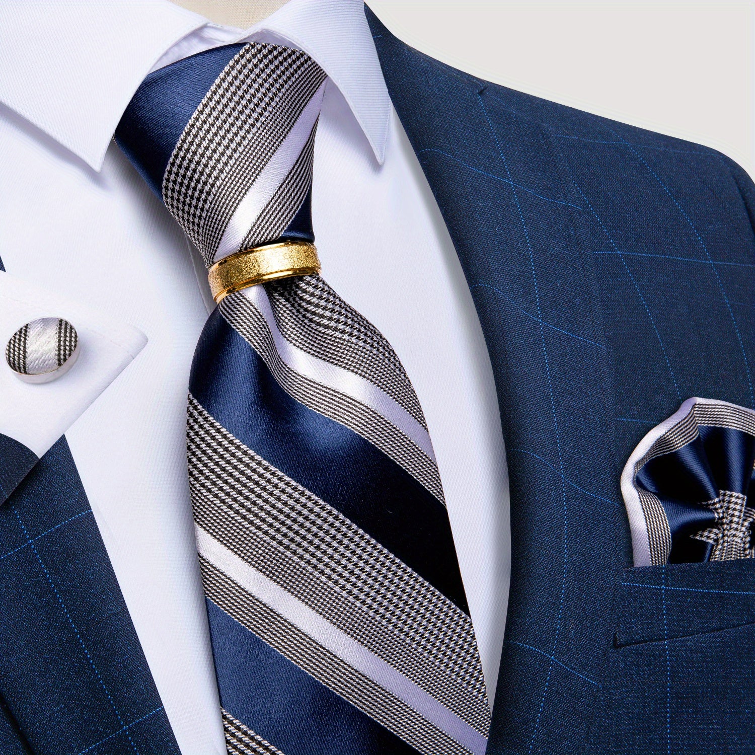 Men's Classic Striped Tie Set with Handkerchief Cufflinks and Ring for Business Formal Weddings