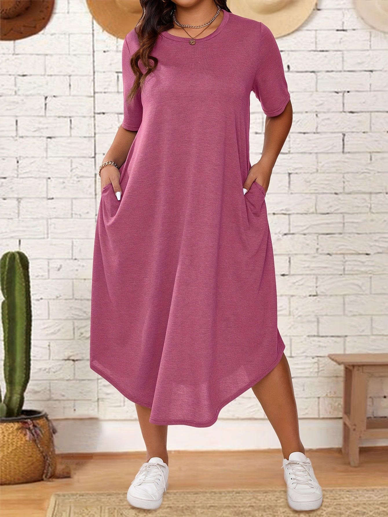 Plus Size Solid Color Dress for Women Short Sleeve Crew Neck Spring Summer