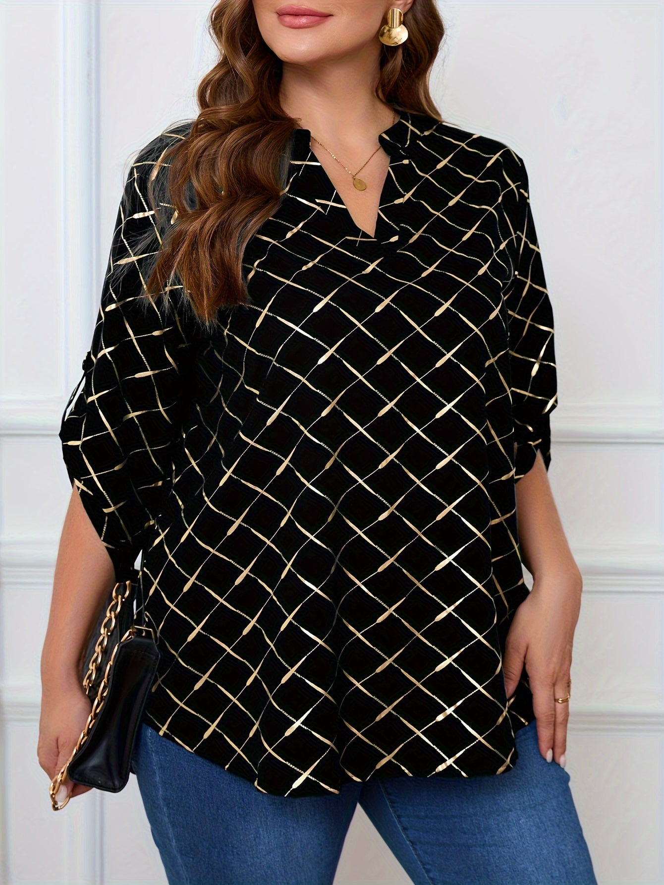Women's Plus Size Heat Transfer Print Split Neck Long Sleeve Casual Top