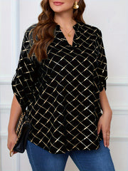 Women's Plus Size Heat Transfer Print Split Neck Long Sleeve Casual Top