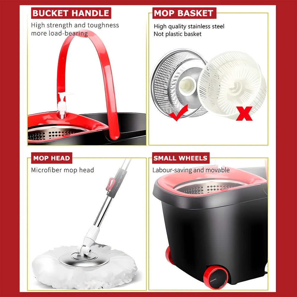 Microfiber boshli spin mop va kova to'plami, g'ildiraklar bilan, qo'lsiz polni tozalash to'plami