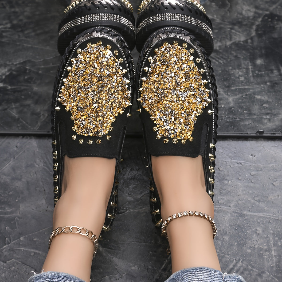 Ayollar uchun kundalik sport poyabzali, rhinestones bilan, engil slip-on loaferlar