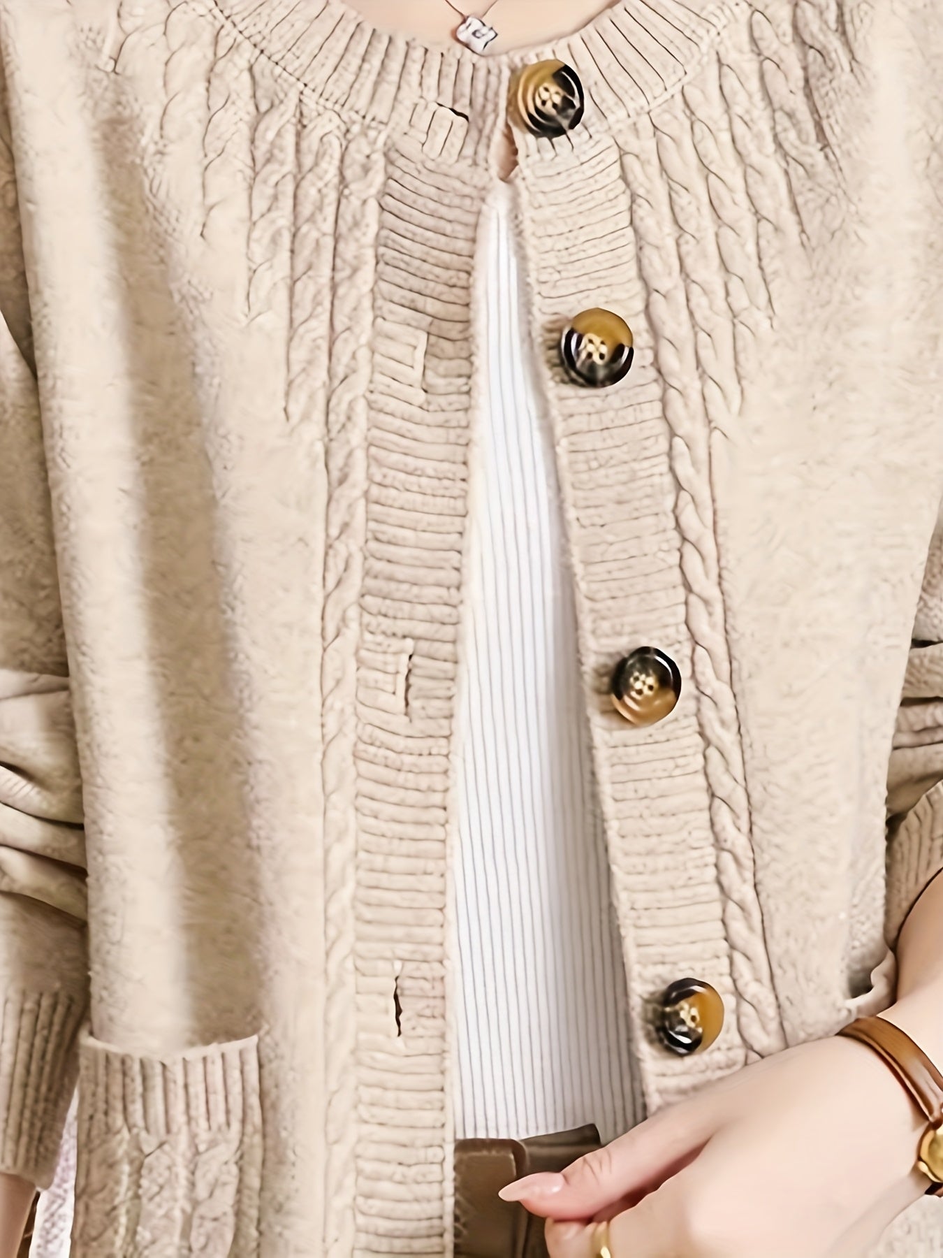 Women's Spring Cardigan with Long Sleeves Crew Neck Solid Color Knit Fabric