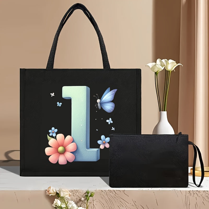 Set of 2 Floral Letter Print Canvas Tote Bags Large Handbag with Clutch Pouch