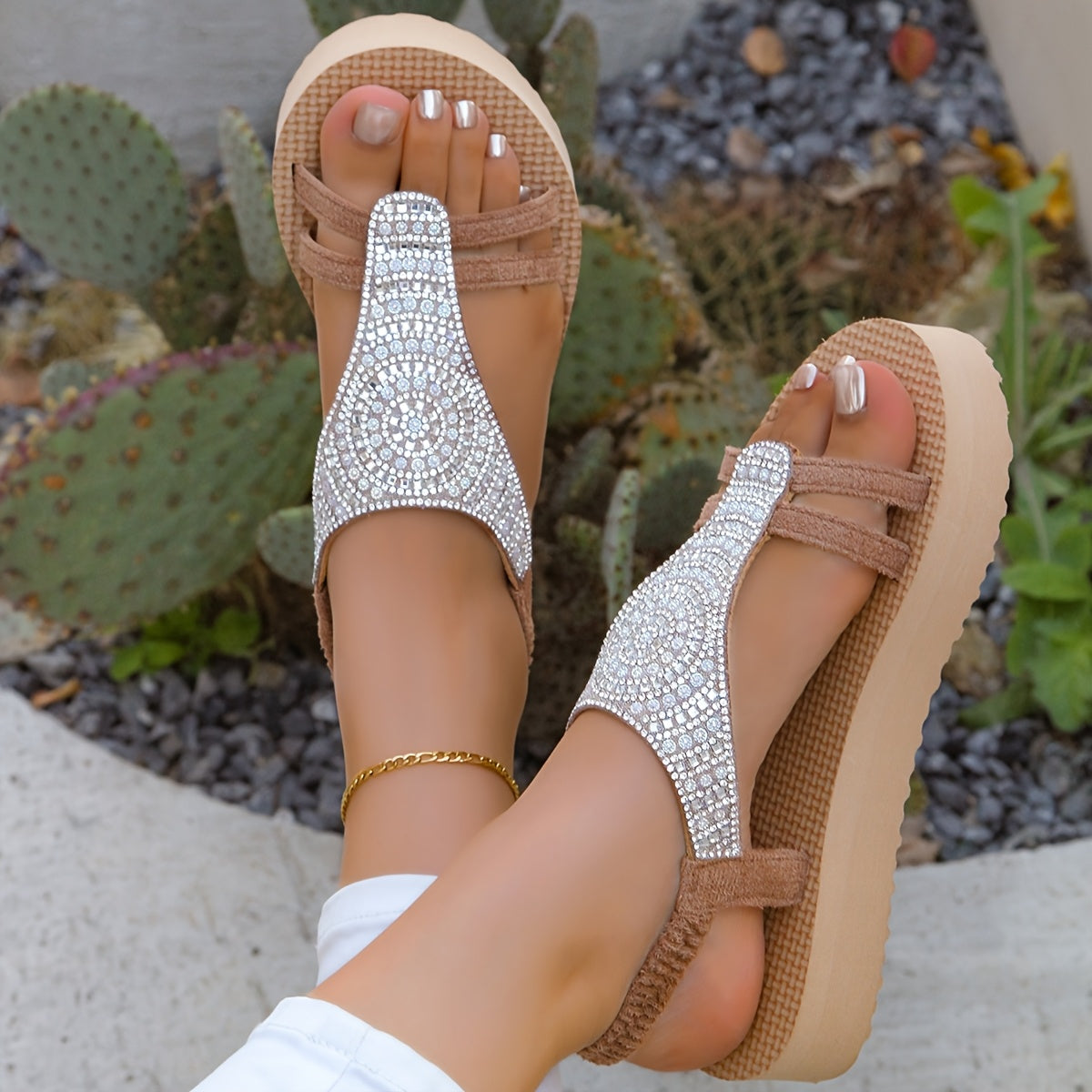 Women's Rhinestone Velvet T-Strap Open Toe Mid-Heel Sandals with EVA Sole