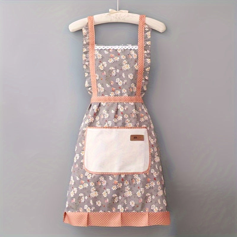 Delantal de lona con estampado floral y bolsillo, resistente, para jardín, cocina, barbacoa, pintura