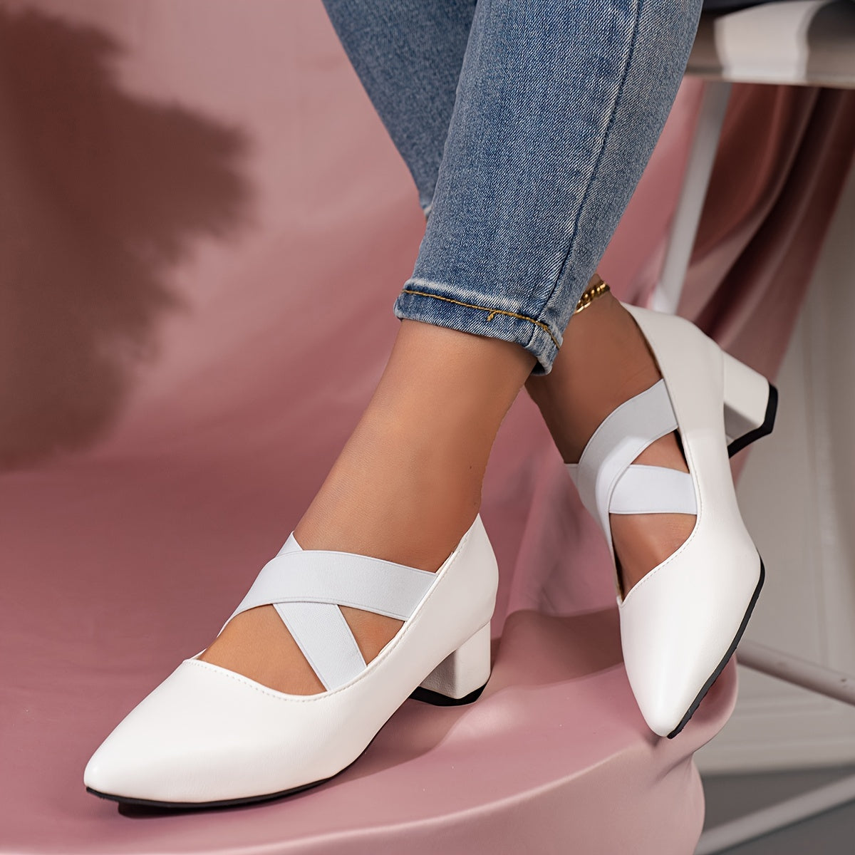 Women's Black Pointed Toe Pumps with Cross Straps and Chunky Heel