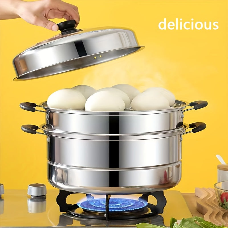 Stainless Steel Double-Layer Steamer Pot with Lid for Induction Cooktops