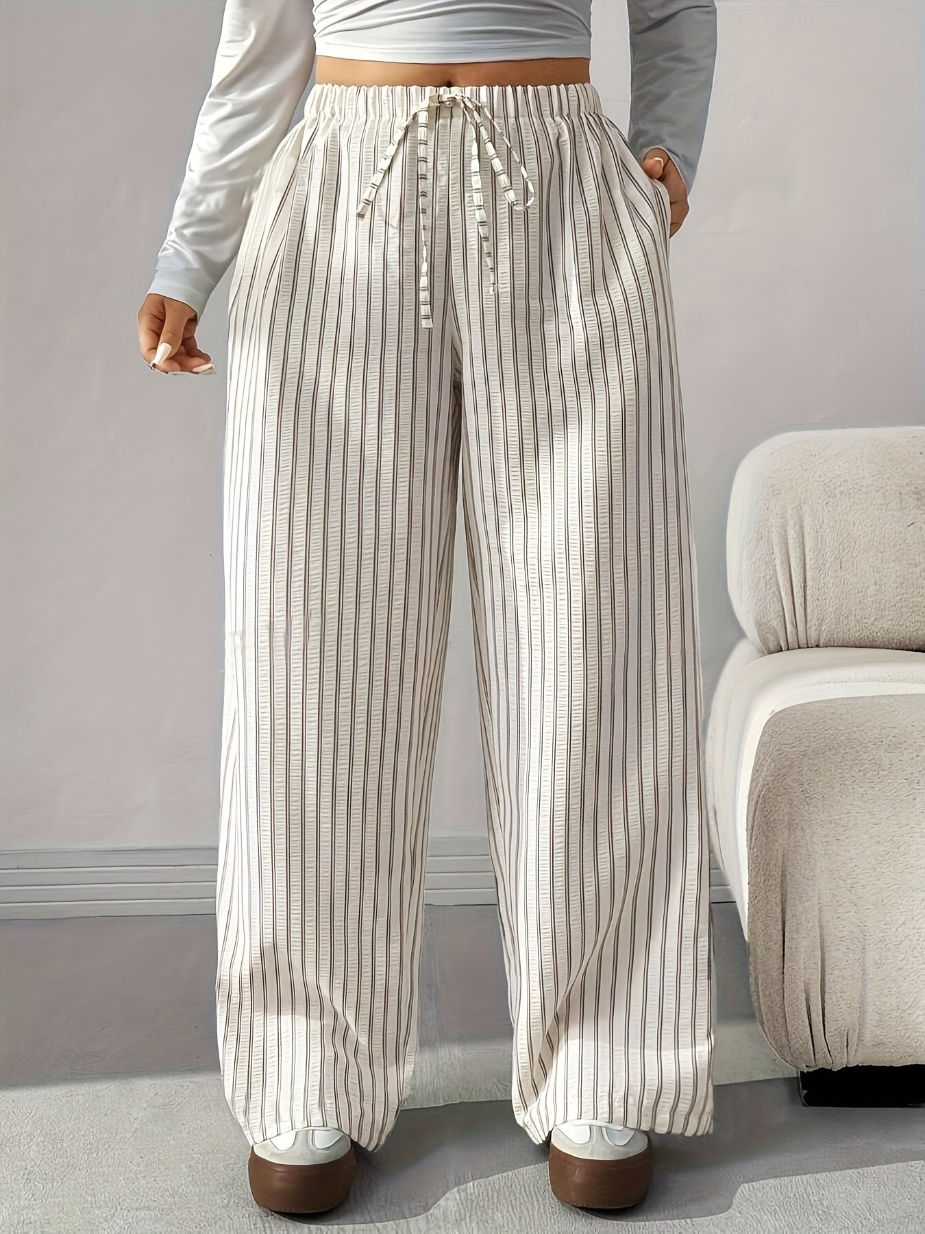 Women's Casual Striped Loose Straight Pants Large Size