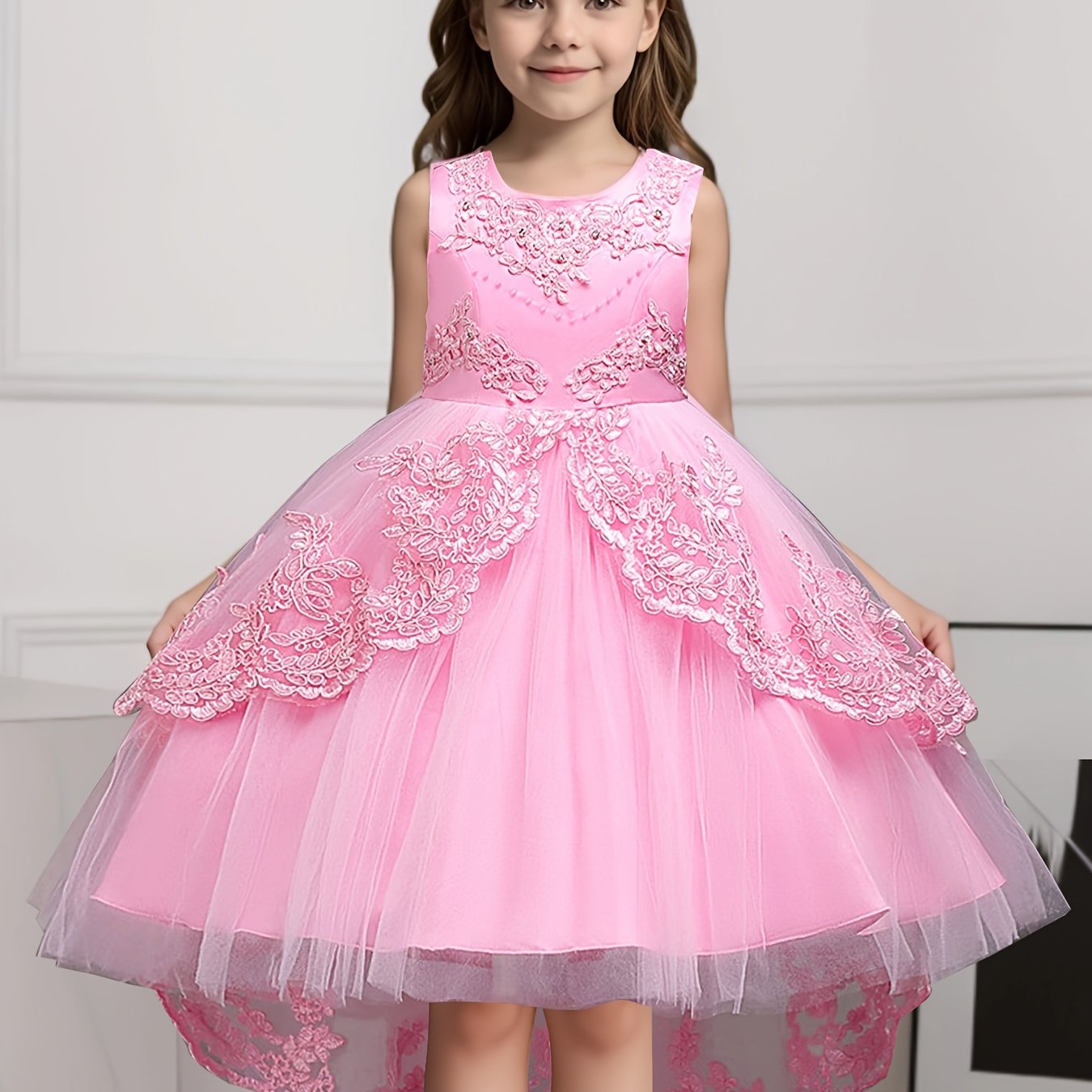 Girls' Red Princess Dress Beaded Embroidery Mesh Tail for Parties Weddings