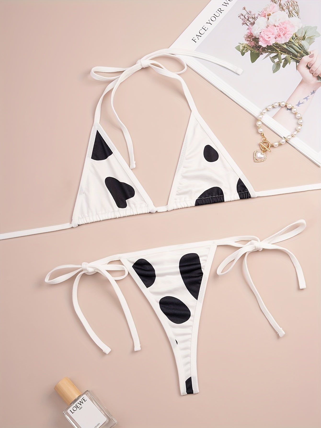 Cow Neck Strap Lingerie Set for Women, Adjustable, Satin