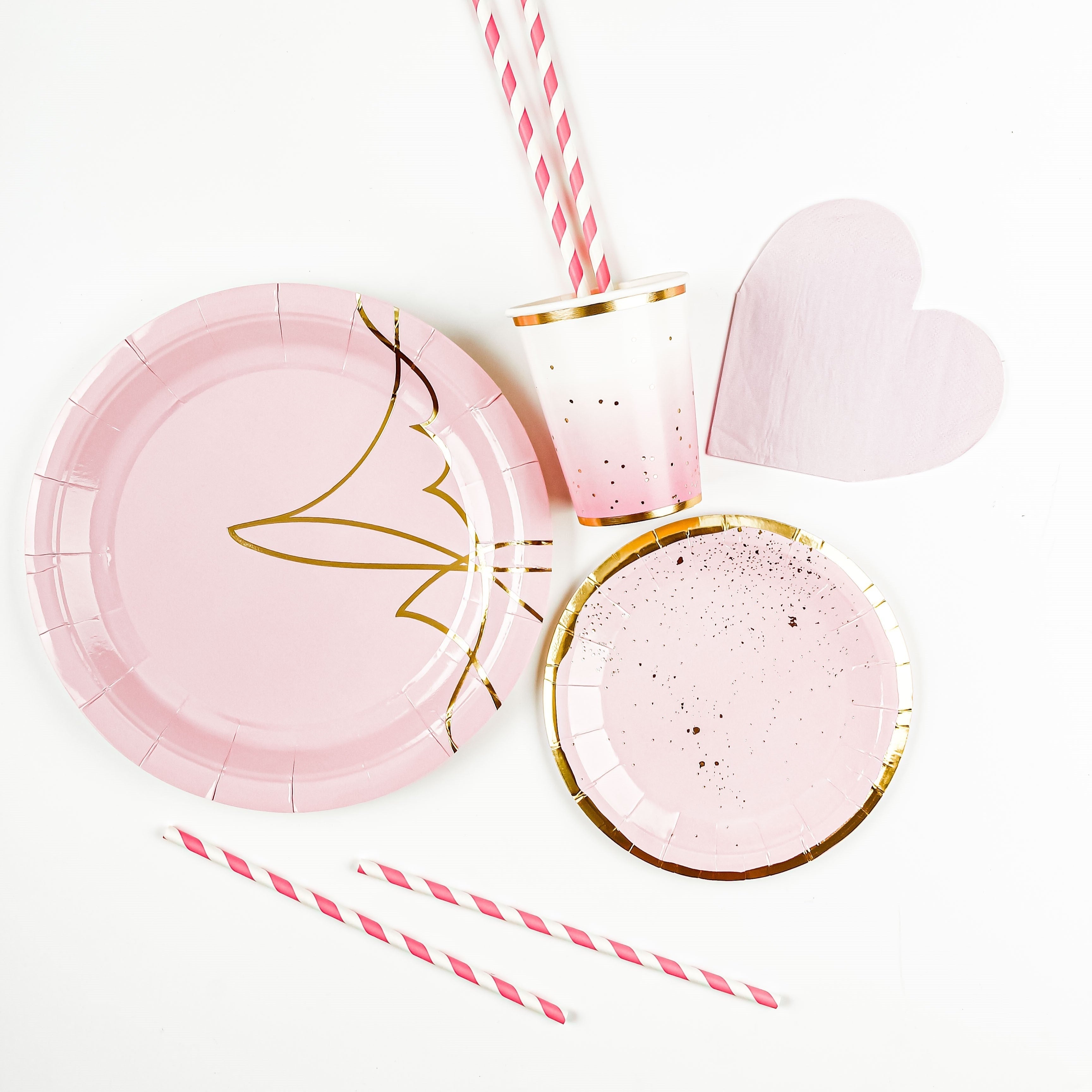 Set of 8 to 16 Pink and Gold Foil Polka Dot Disposable Cutlery Plates Cups with Heart Napkins for Parties Weddings Holidays