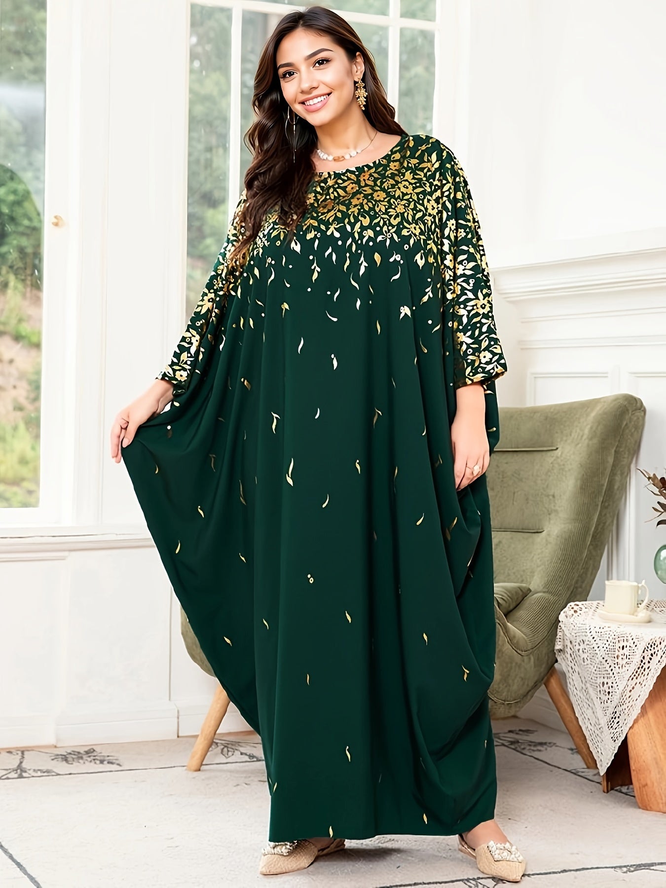 Women's Plus Size Floral Print Batwing Sleeve Maxi Dress