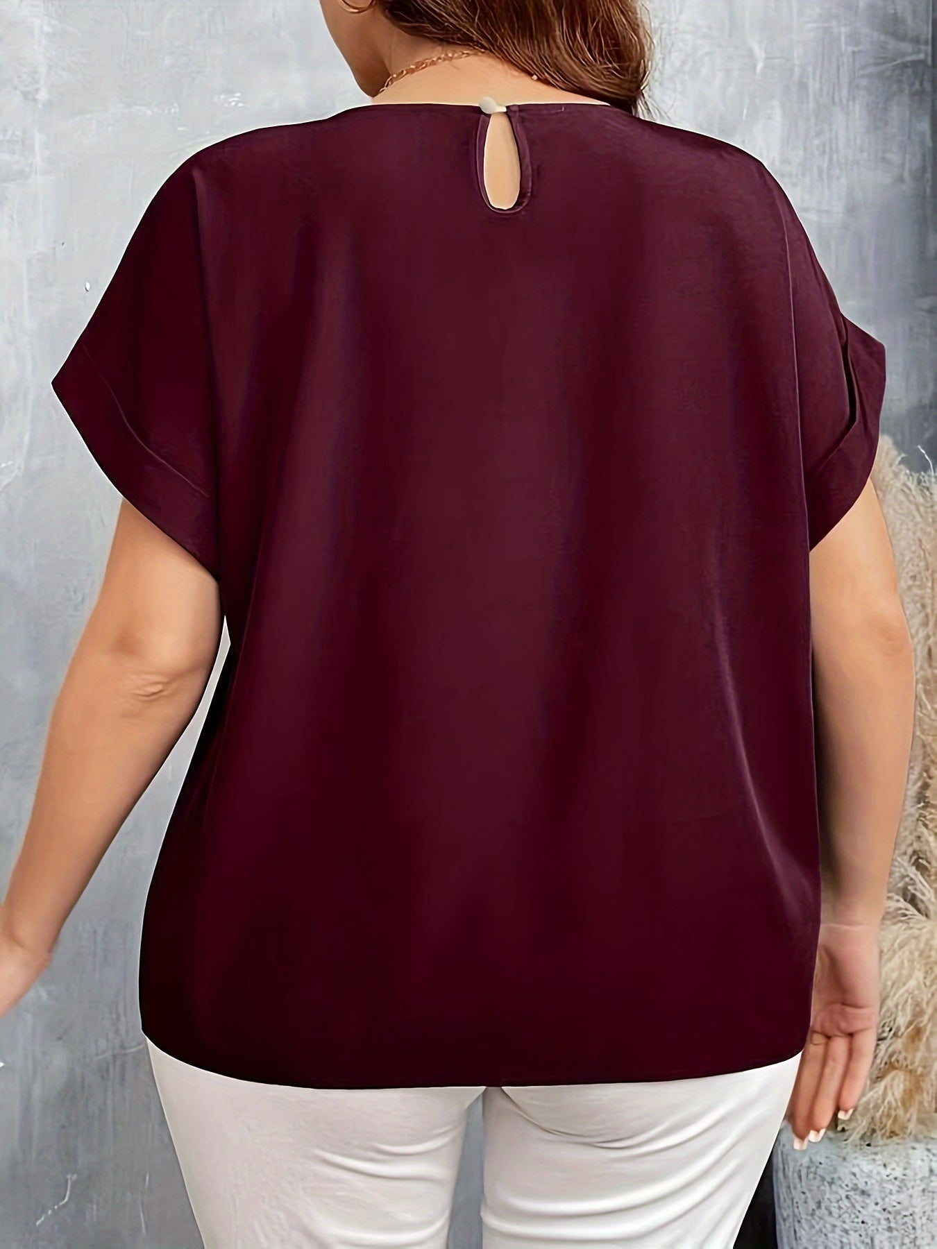 Plus Size Women's Burgundy Drop Shoulder Shirt Casual Short Sleeve Top