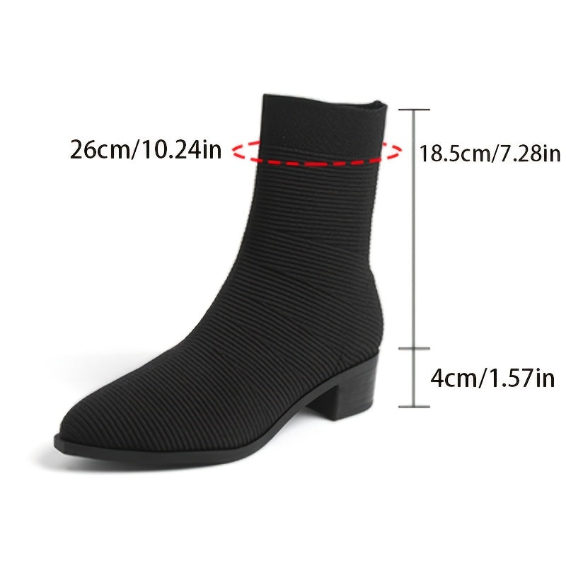 Women's Breathable Knit Ankle Boots Slip-On Chunky Heel Gray Short Boots