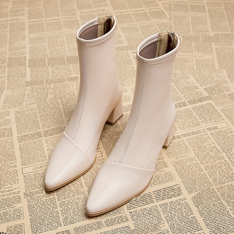 Women’s Faux Leather Pointed Toe Chunky Mid-Heel Ankle Boots Black All-Season