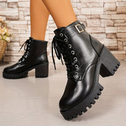 Women's Leather Chunky Heel Ankle Boots with Thick Sole and Low Heel