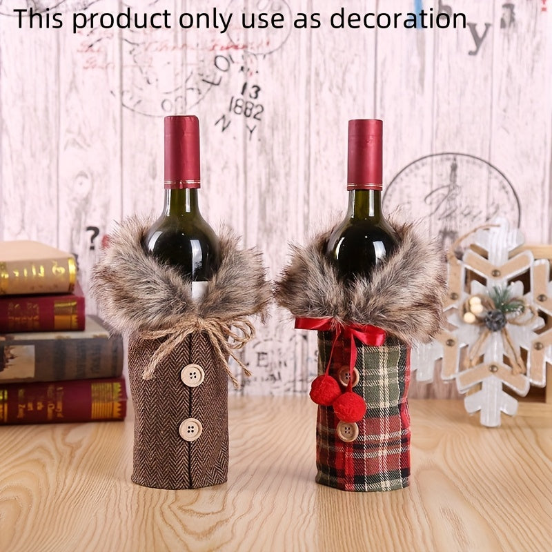 Festive Christmas Wine Bottle Cover with Plush Fur Collar Polyester Holiday Decor
