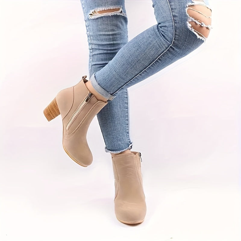 Women's Block Heel Short Boots Casual Side Zipper Ankle Booties