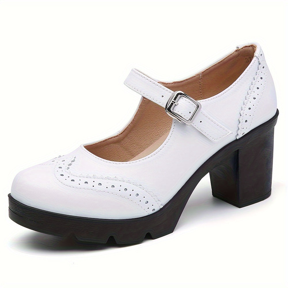 Women's Chunky Heel Brogue Pumps All-Match Classic Buckle Strap Office Shoes