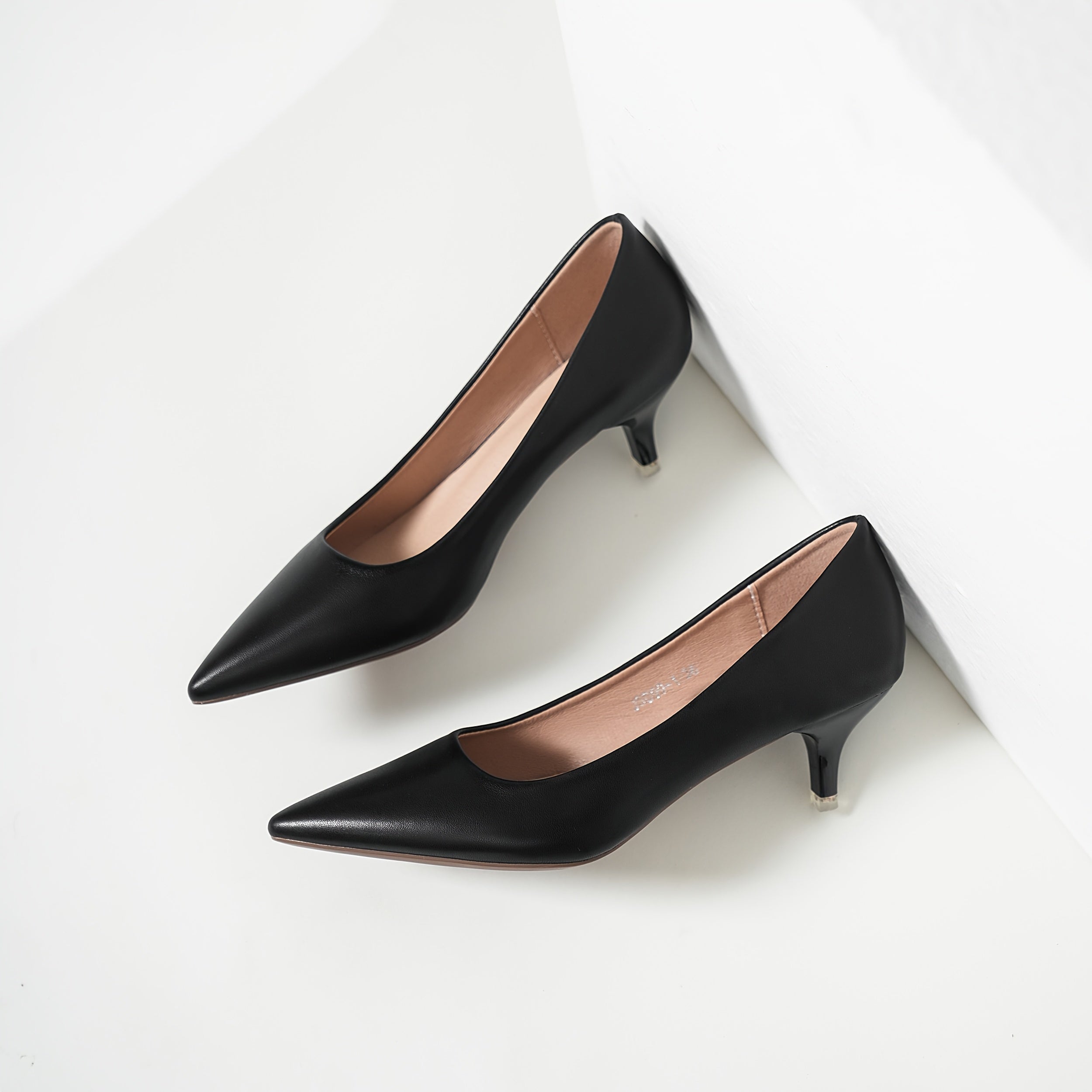 Women's Black Faux Leather Mid-Heel Pumps with Pointed Stiletto Toe and Rubber Sole