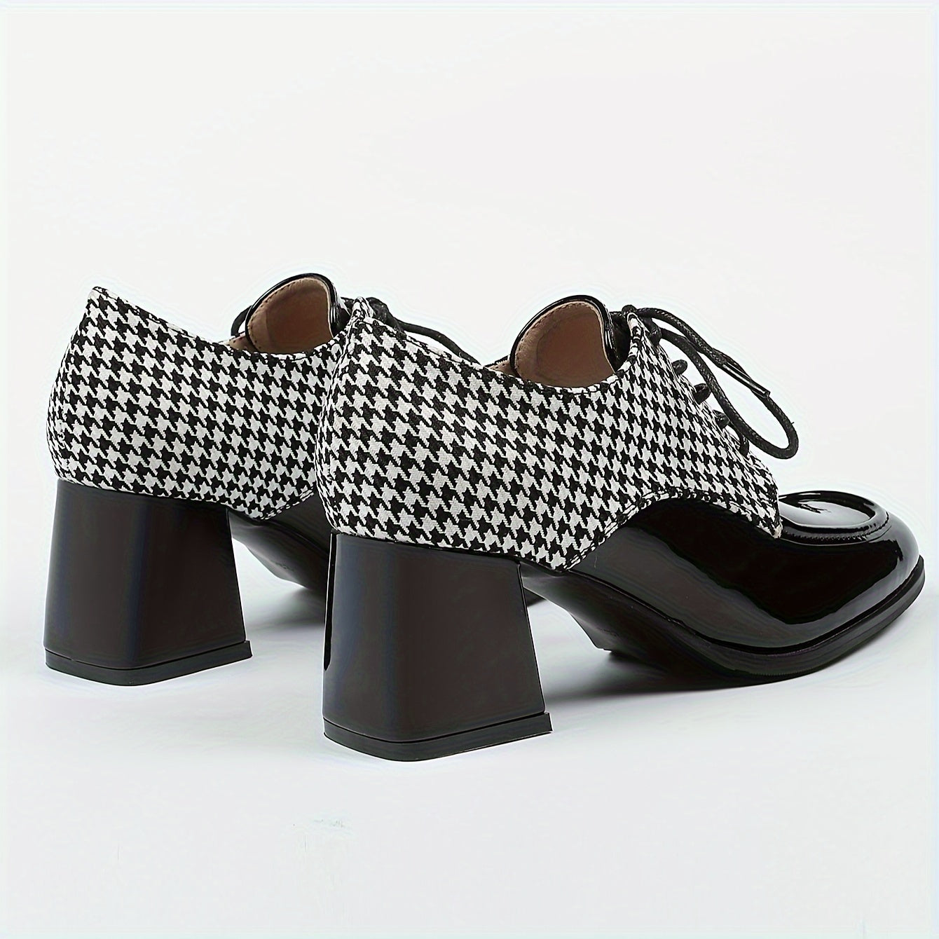 Ayollar uchun xoundstooth kiyingan poyabzal, kvadrat barmoqli, qalin tagli, bog‘lamli oxfords