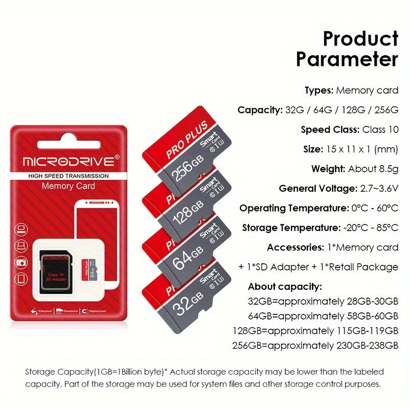 High-Speed U3 Class 10 MicroSD Card 16GB to 256GB with SD Adapter for Smartphones and Tablets