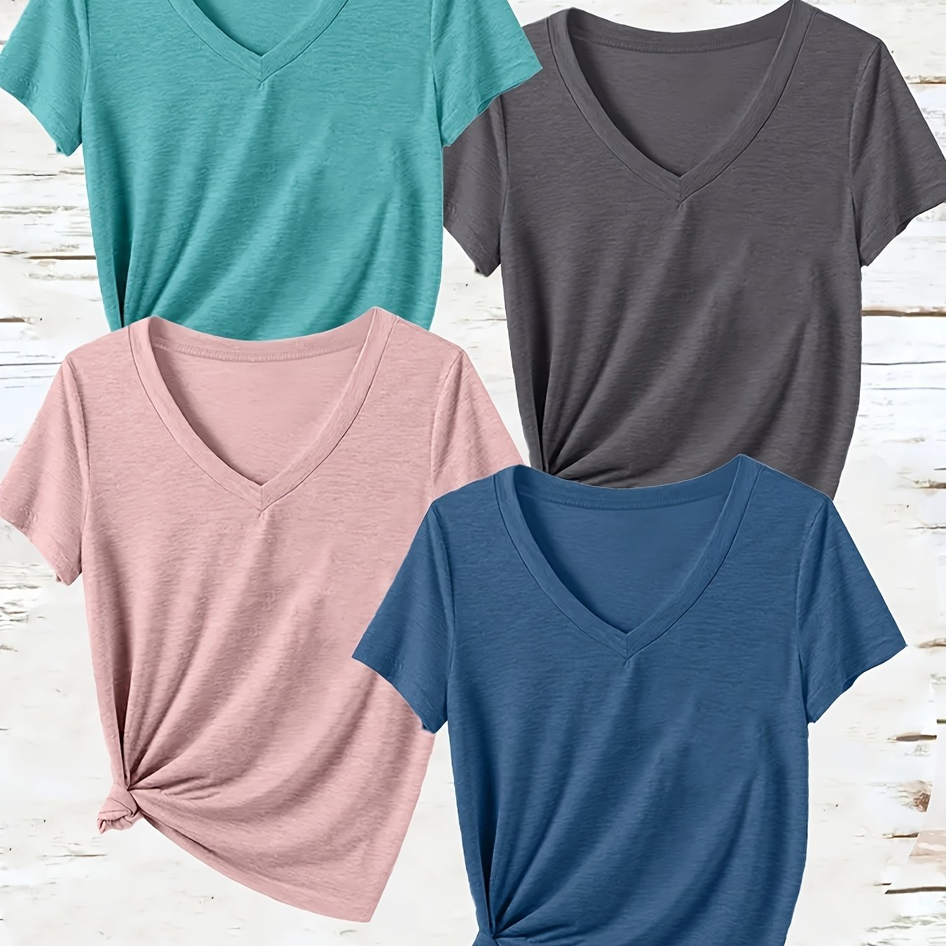 Women's V-Neck Short Sleeve T-Shirts Pack Breathable Casual Tops Black Pink Blue Teal