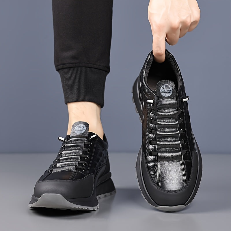 Men's Leather Casual Sneakers Black Gray Crocodile Pattern Rubber Sole Lace-Up Low Top
