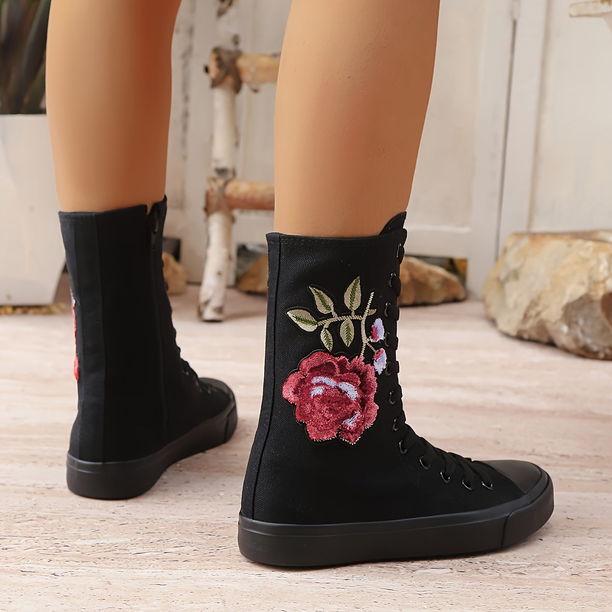 Women's Floral Embellished Mid-Calf Boots Leather Low Heel Casual All-Season