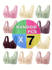 7-Pack Women's Solid Color Wireless Bralettes with Front Buckle Soft Knit Fabric No Padding