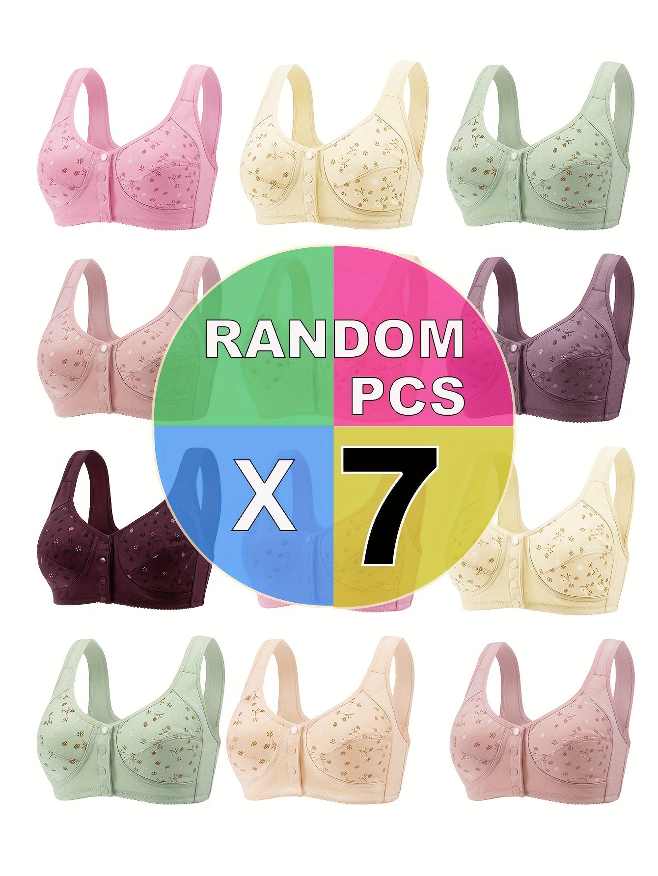 7-Pack Women's Solid Color Wireless Bralettes with Front Buckle Soft Knit Fabric No Padding