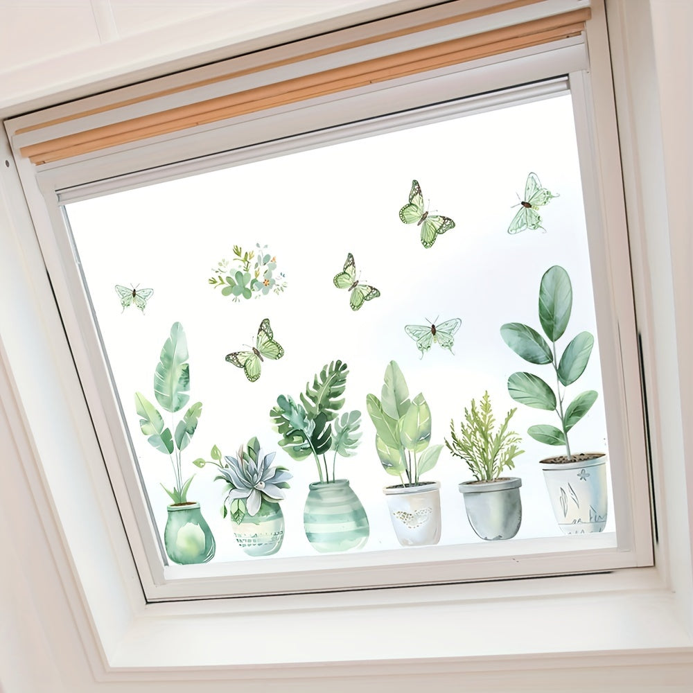 Fresh Green Potted Plant Decal for Glass Doors Windows Home Decor