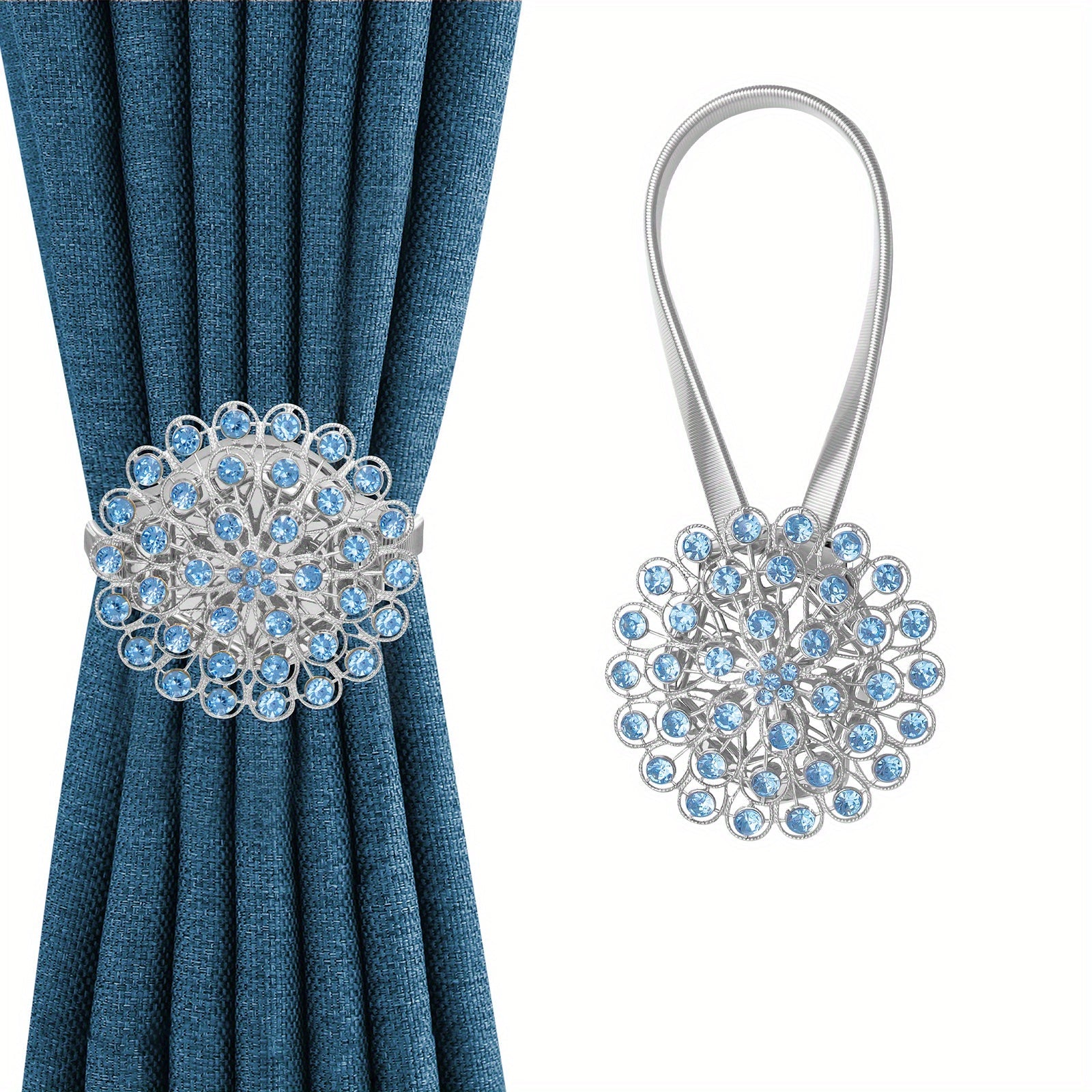 Magnetic Curtain Tieback with Crystal Flower and Elastic Spring Wire for Home Office